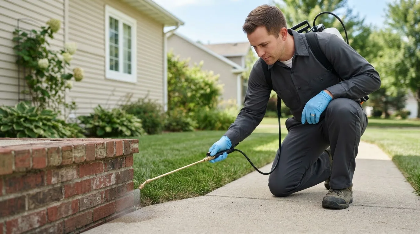 Pest control technician treating a home near Clay, NY