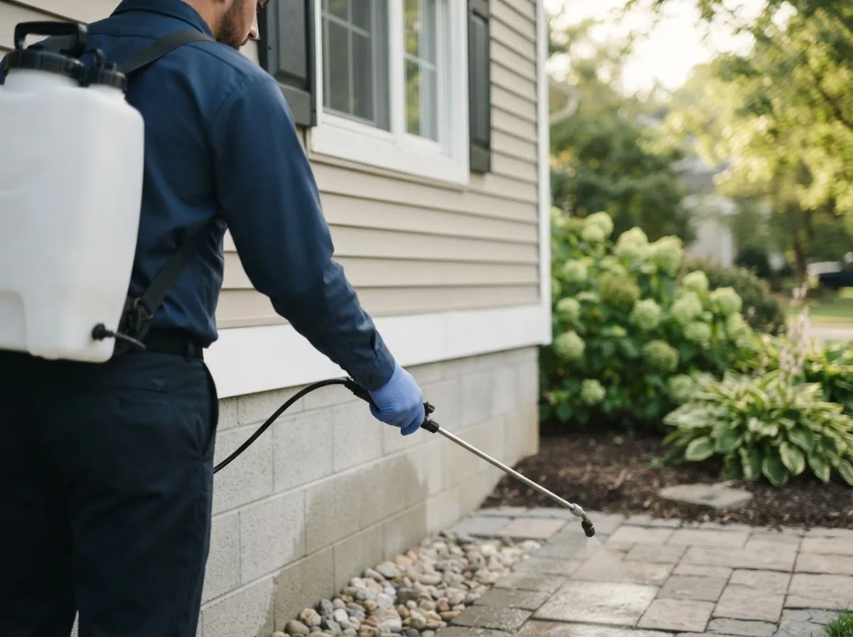 Pest control technician inspecting a home in Clay, NY